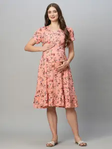 MomToBe Floral Printed Puff Sleeves Maternity Fit & Flare Dress