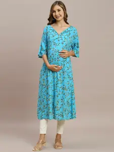 MomToBe Floral Printed V-Neck Panelled Maternity Kurta