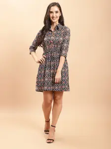 Rajnandini Ethnic Motifs Printed Cotton Smocked Fit and Flare Dress