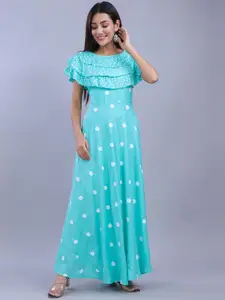 ao services Polka Dot Printed Ruffled Maxi Fit & Flare Ethnic Dress