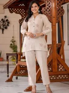 KAAJH Floral Embroidered Mandarin Collar High-Low Hem Pure Cotton Top & Trousers