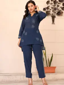 KAAJH Floral Embroidered Mandarin Collar High-Low Hem Pure Cotton Top & Trousers