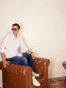 DENNISON Smart Fit Spread Collar Roll-Up Sleeves Pocket Hemp Casual Shirt