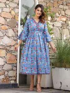 KAAJH Floral Printed V-Neck Bell Sleeves Fit and Flare Pure Cotton Midi Dress