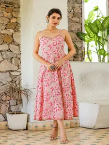 KAAJH Floral Printed Cotton Shoulder Straps Fit & Flare Midi Dress