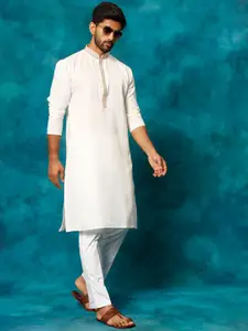 VASTRAMAY Mandarin Collar Thread Work Straight Kurta With Pyjamas