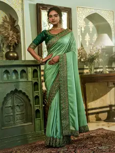 Mitera Green & Gold-Toned Embroidered Saree