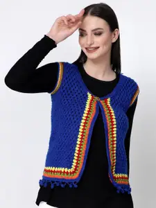 Velvery Self Design Crochet Front Open Acrylic Sweater
