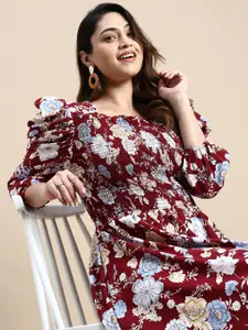 SHOWOFF Plus Plus Size Floral Printed Smocked Puff Sleeve Georgette Fit and Flare Dress