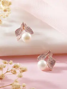 Zavya Rose Gold Plated CZ Studded Sterling Silver Leaf Shaped Studs Earrings