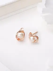 Zavya Rose Gold-Plated Pearl Studded Sterling Silver Geometric Studs Earrings