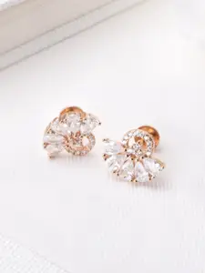 Zavya Rose Gold-Plated CZ Studded Sterling Silver Floral Studs Earrings
