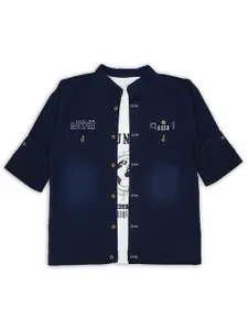 CAVIO Boys Comfort Band Collar Roll-Up Sleeves Regular Fit Denim Casual Shirt