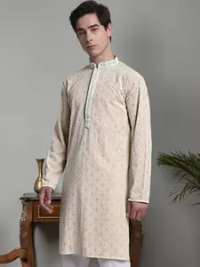 Jompers Geometric Embroidered Mandarin Collar Sequinned Pure Cotton Straight Kurta