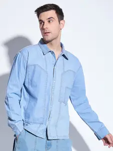 FUGAZEE Relaxed Oversized Spread Collar Long Sleeve Cotton Casual Shirt