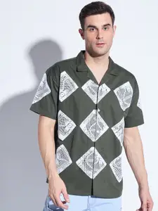 FUGAZEE Relaxed Oversized Self Design Cuban Collar Cotton Casual Shirt
