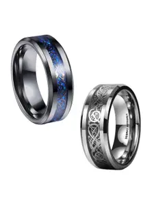 MEENAZ Men Set Of 2 Silver Plated Stainless Steel Band Finger Rings