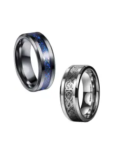 MEENAZ Men Set Of 2 Silver-Plated Stainless Steel Silver-Plated Dragon Band Rings