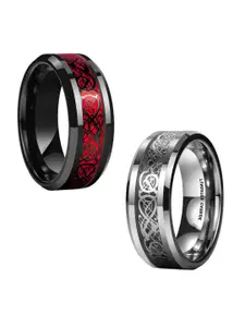 MEENAZ Men Set Of 2 Stainless Steel Silver-plated Dragon Band Finger Rings