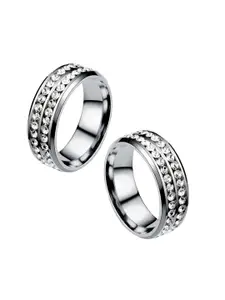 MEENAZ Men Set Of 2 Stainless Steel Silver-Plated AD-Studded Band Rings
