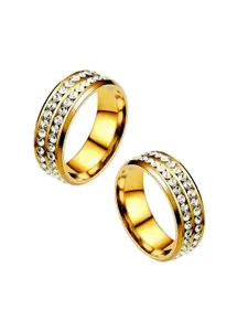 MEENAZ Men Set Of 2 Gold-Plated Stainless Steel American Diamond-Studded Band Rings