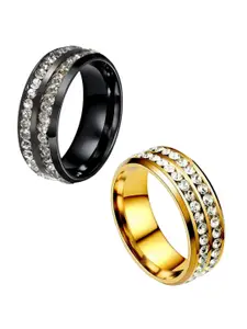 MEENAZ Men Set Of 2 Gold-plated & Silver-Plated AD-Studded Stainless Steel Finger Rings