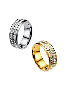 MEENAZ Men Set Of 2 Stainless Steel Gold-Plated & Silver-Plated AD-Studded Band Rings