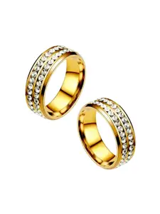 MEENAZ Men Set Of 2 Stainless Steel Gold-Plated AD-Studded Band Rings