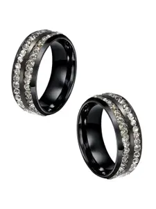 MEENAZ Men Set Of 2 Stainless Steel Silver-Plated AD-Studded Band Rings