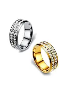 MEENAZ Men Set Of 2 Gold Plated & Silver Plated Stainless Steel Band Finger Rings
