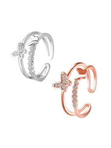 MEENAZ Rose Gold-Plated Cubic Zirconia-Studded Adjustable Finger Rings
