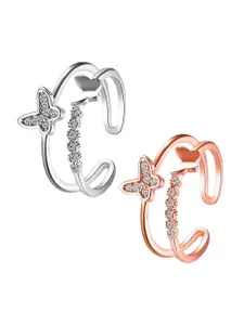 MEENAZ Set Of 2 Rose Gold-Plated Stainless Steel American Diamond Finger Rings