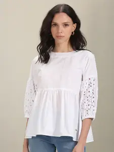 U.S. Polo Assn. Women Self Design Puff Sleeves Schiffli Cotton Peplum Top