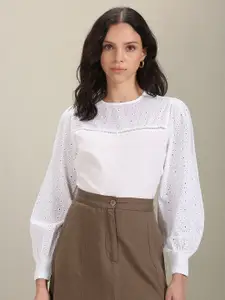 U.S. Polo Assn. Women Self Design Schiffli Puff Sleeve Cotton Top