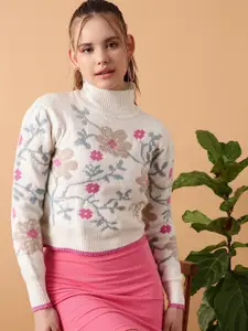 STREET 9 Floral Printed Turtle Neck Crop Acrylic Pullover Sweater