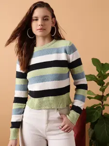 STREET 9 Striped Round Neck Pure Acrylic Crop Pullover