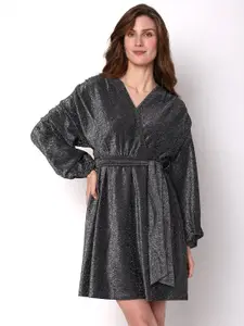 Vero Moda Embellished V-Neck Puff Sleeves Tie-Ups Fit & Flare Dress