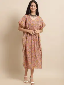 Aawari Floral Printed Flared Sleeves Gathered Detailed Silk Kaftan Midi Ethnic Dress