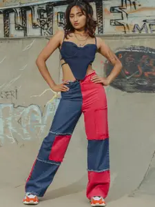 FREAKINS Women Colourblocked Wide Leg High-Rise Pure Cotton Jeans