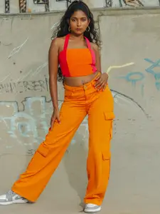 FREAKINS Women Straight Fit High-Rise Clean Look Pure Cotton Cargo Jeans