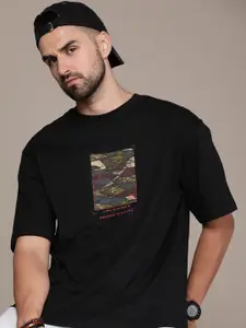 The Roadster Life Co. Graphoc Printed Drop-Shoulder Sleeves Pure Cotton Applique T-shirt