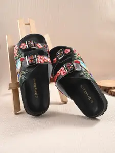 BRISKERS Embroidered Two Strap Open Toe Flats With Buckle Detail