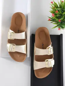 BRISKERS Two Strap Open Toe Flats With Buckle Detail