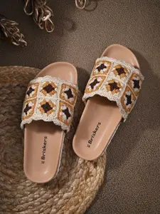 BRISKERS Crochet Embroidered Open Toe Flats