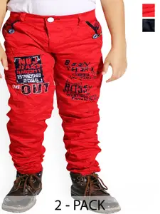 BAESD Boys Pack Of 2 Typography Printed Mid-Rise Slim Fit Plain Cotton Trousers
