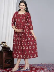 ao services Ethnic Motifs Printed Gathered Cotton Maternity Fit and Flare Ethnic Dresses