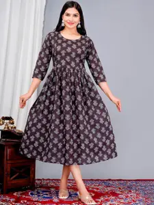 ao services Ethnic Motifs Printed Round Neck Gathered Fit & Flare Ethnic Dress