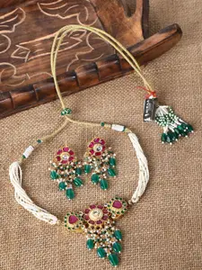 AURAA TRENDS Gold-Plated Kundan-Studded & Beaded Choker Necklace & Earrings