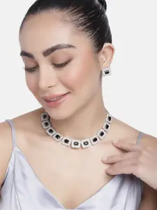 Estele Rhodium Plated CZ Ravishing Necklace Set with Black & White Crystals