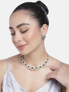 Estele Rose Gold Plated CZ Shimmering Necklace Set with Green Crystals